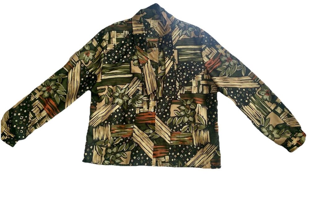 VTG 70 Disco Blouse Geometric floral long sleeve button down With Collar Tie